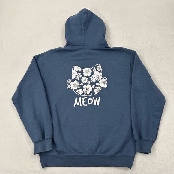 Kitty Cat Meow Hawaiian Floral Graphic Deep Navy Blue Hoodie Sweatshirt Adult S - Picture 1 of 8